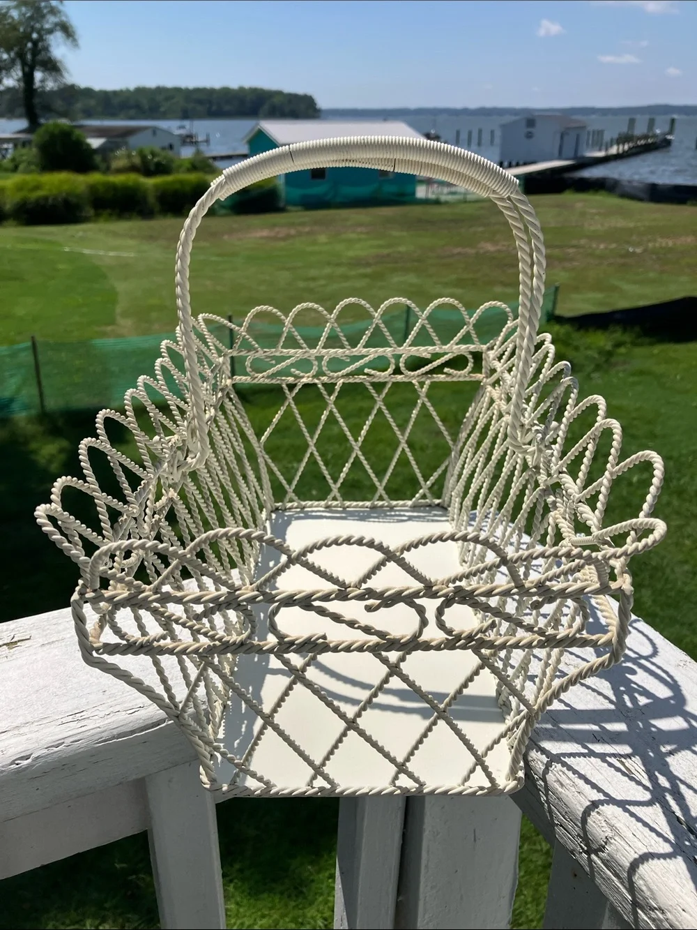 Vintage White Metal Basket With Handles French Country, Cottage core